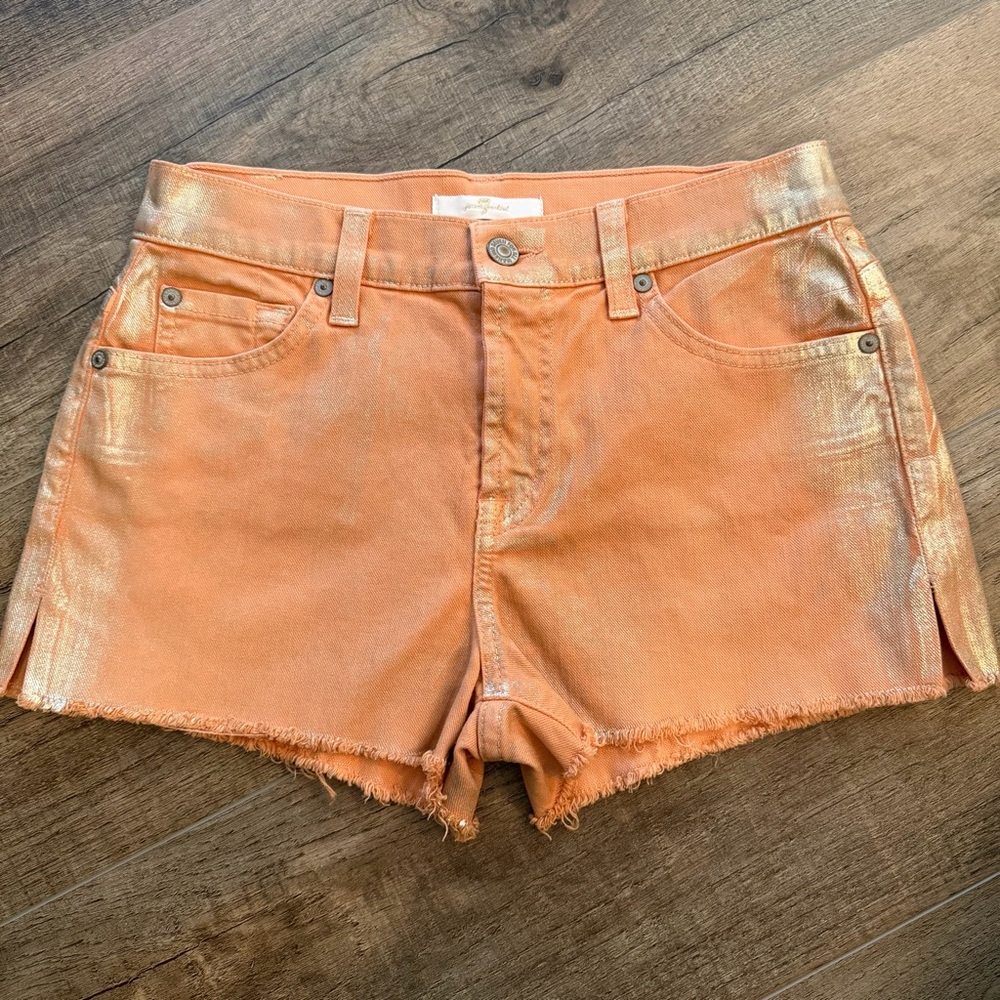 7 For All Mankind Women’s 25 Metallic Silver Orange Shorts‎ Slit Frayed Raw Hem